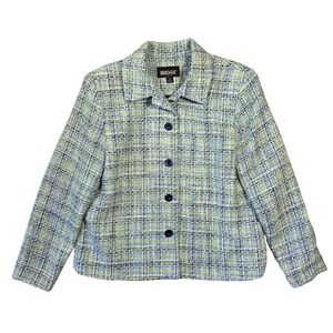 Briggs Petite Womens M Tweed Plaid Blazer Jacket Lime Green Button Up Career